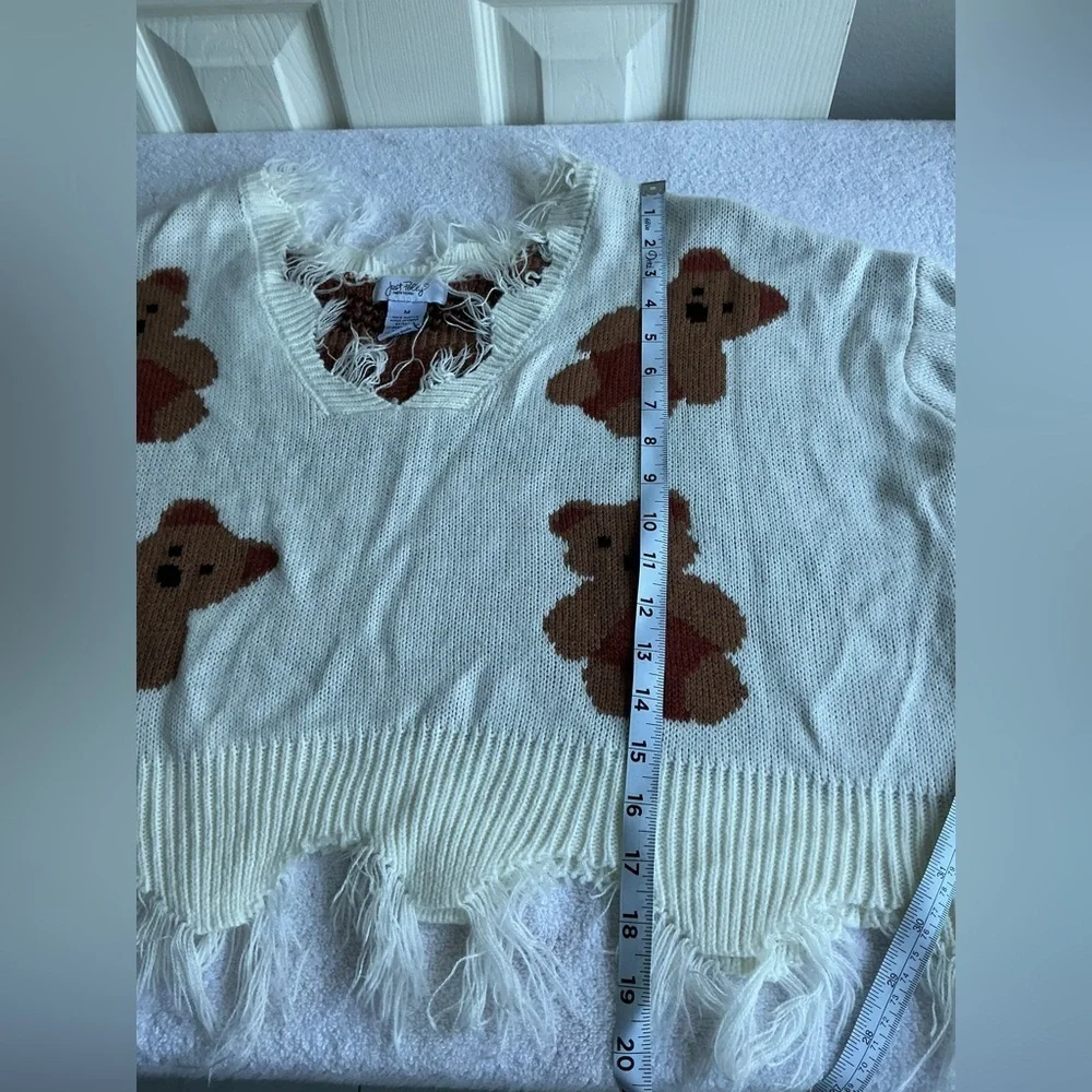Just Polly NY Teddy Bear Sweater Women's Medium V-Neck Fray Frilly Knit